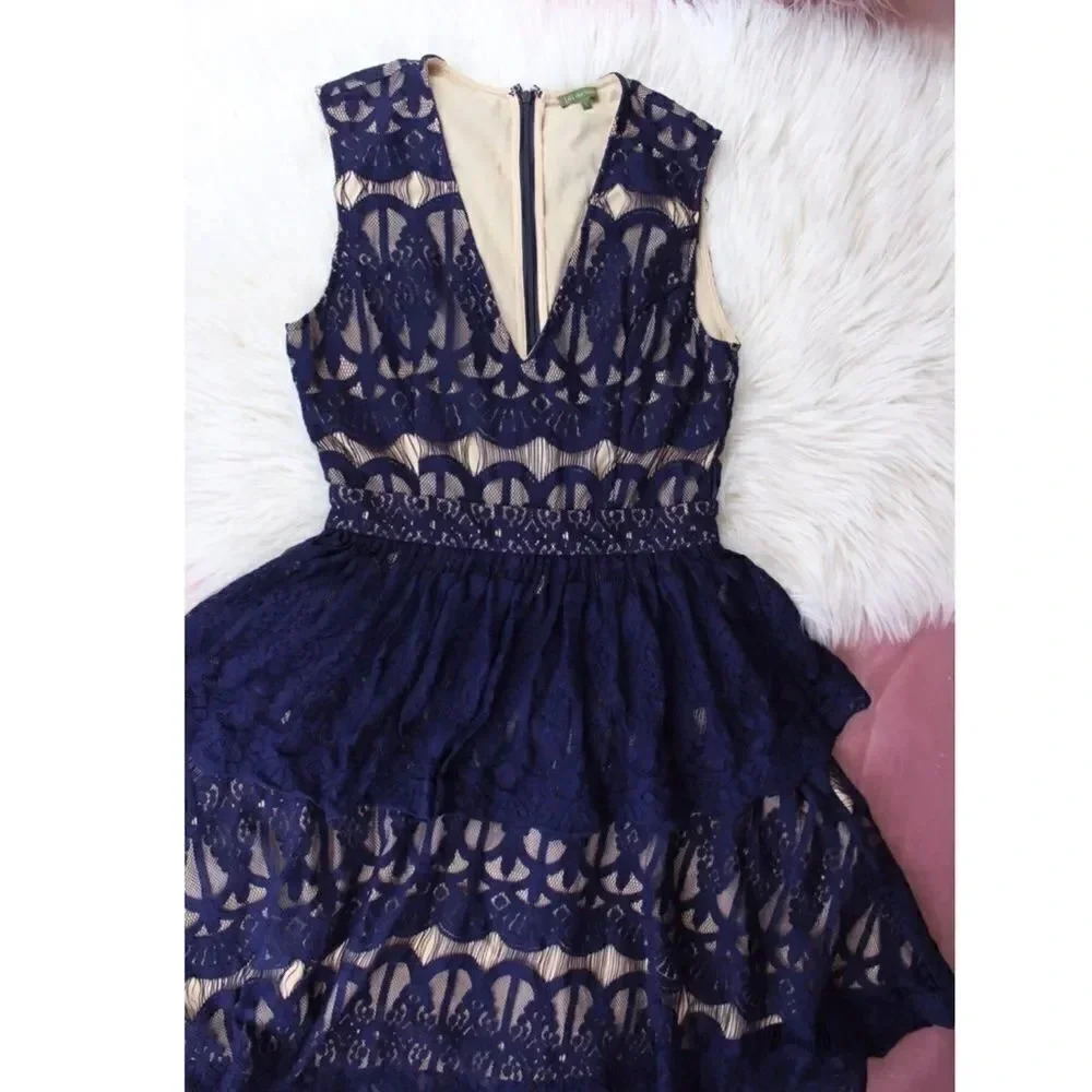 T1 The Letter dark blue lace peplum skater dress